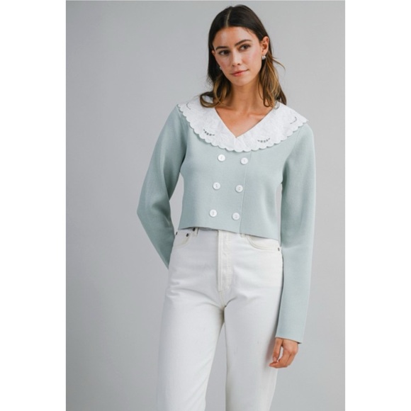 Tops - 1141 • Seafoam Knit Double Breast Cardigan Top w/White Scallop Cotton Collar